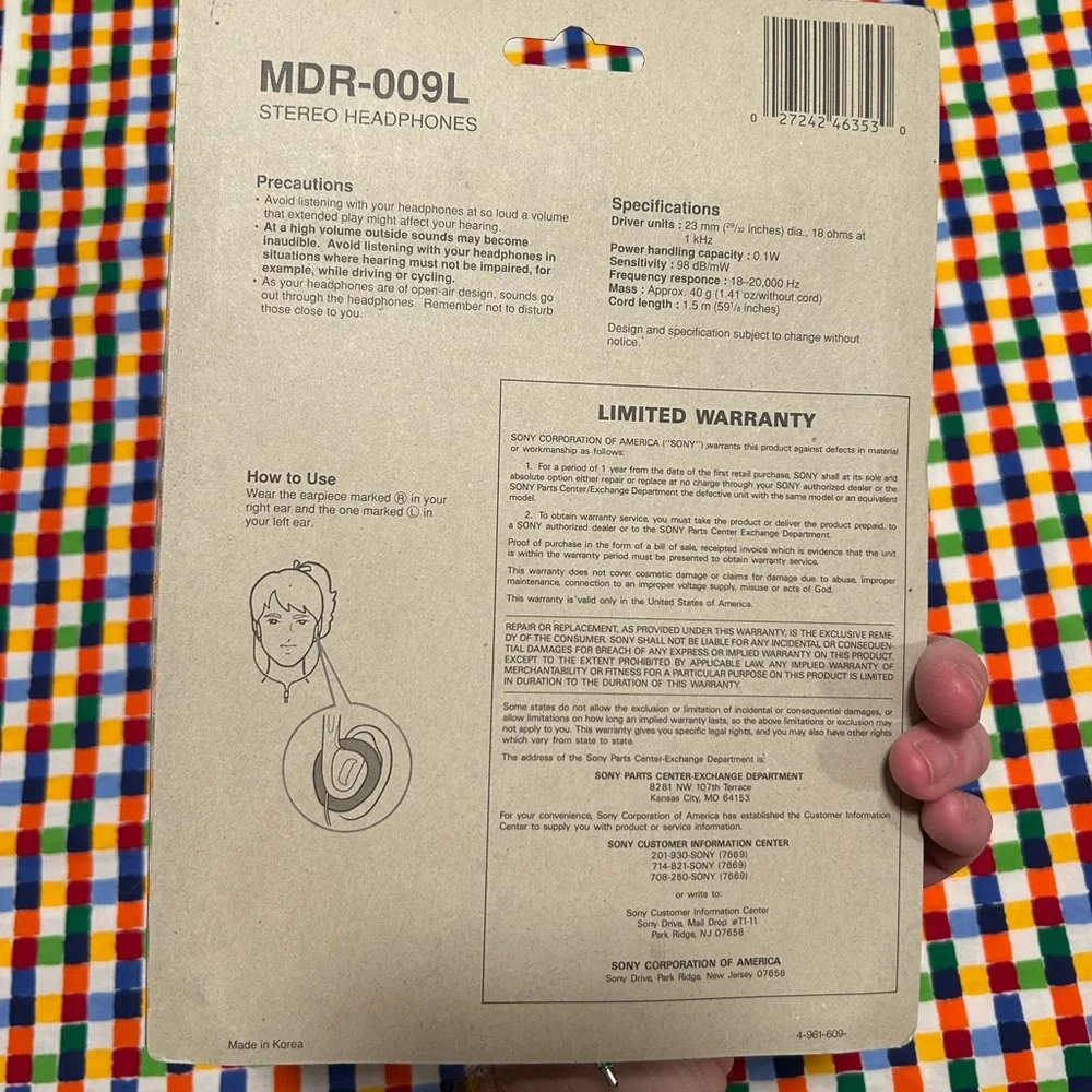 Sony MDR-009L Stereo Headphones Packaging
